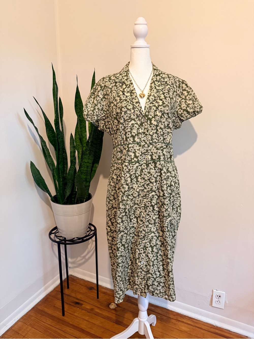 Sundance | Olive Green and Cream Floral Print Midi Dress